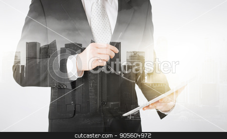 To use this stock image in your creative project, please select the size you need over to the right and click the "Add to Cart" button.
Your downloaded image will come with the Cutcaster watermark removed so don’t worry about the watermark you see on this page. close up of businessman with tablet pc and glasses stock photo, people, business and technology concept - close up of businessman with tablet pc computer and glasses over city with double exposure by Syda Productions