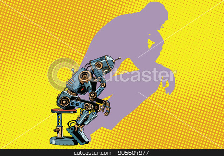 To use this stock image in your creative project, please select the size you need over to the right and click the "Add to Cart" button.
Your downloaded image will come with the Cutcaster watermark removed so don’t worry about the watermark you see on this page. Robot thinker with the shadow of a man stock vector clipart, Robot thinker with the shadow of a man. Progress and humanity. Pop art retro vector illustration by studiostoks