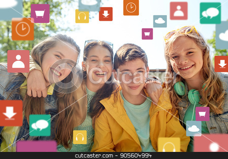 To use this stock image in your creative project, please select the size you need over to the right and click the "Add to Cart" button.
Your downloaded image will come with the Cutcaster watermark removed so don’t worry about the watermark you see on this page. happy teenage friends outdoors stock photo, friendship, technology and people concept - group of happy teenage students or friends outdoors over virtual icons by Syda Productions