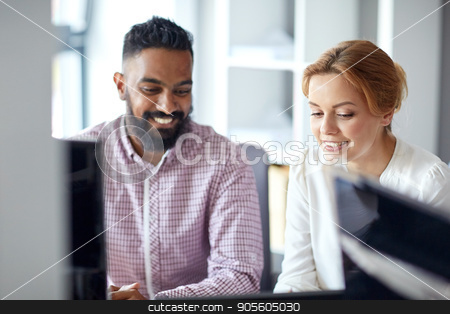 To use this stock image in your creative project, please select the size you need over to the right and click the "Add to Cart" button.
Your downloaded image will come with the Cutcaster watermark removed so don’t worry about the watermark you see on this page. happy business team working at office stock photo, business, teamwork and people concept - happy international creative team working at office by Syda Productions