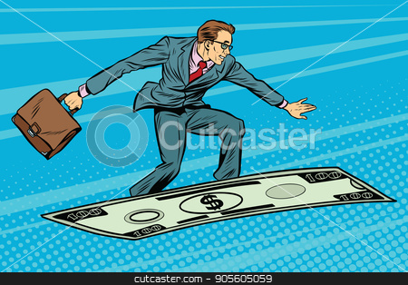 To use this stock image in your creative project, please select the size you need over to the right and click the "Add to Cart" button.
Your downloaded image will come with the Cutcaster watermark removed so don’t worry about the watermark you see on this page. Businessman on flying money carpet plane stock vector clipart, Businessman on flying money carpet plane. Pop art retro vector illustration by studiostoks