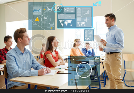 To use this stock image in your creative project, please select the size you need over to the right and click the "Add to Cart" button.
Your downloaded image will come with the Cutcaster watermark removed so don’t worry about the watermark you see on this page. group of students and teacher with papers or tests stock photo, education, statistics and people concept - group of happy students and teacher with papers or tests at school over virtual screens with charts by Syda Productions