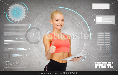 To use this stock image in your creative project, please select the size you need over to the right and click the "Add to Cart" button.
Your downloaded image will come with the Cutcaster watermark removed so don’t worry about the watermark you see on this page. sporty woman with tablet pc showing thumbs up stock photo, sport, fitness and technology - happy sporty woman with tablet pc computer showing thumbs up over gray concrete background by Syda Productions