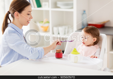 To use this stock image in your creative project, please select the size you need over to the right and click the "Add to Cart" button.
Your downloaded image will come with the Cutcaster watermark removed so don’t worry about the watermark you see on this page. happy mother feeding baby with puree at home stock photo, family, food, eating and people concept - happy mother with puree and spoon feeding little baby sitting in highchair at home by Syda Productions