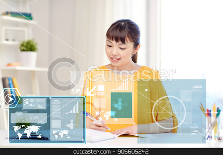 To use this stock image in your creative project, please select the size you need over to the right and click the "Add to Cart" button.
Your downloaded image will come with the Cutcaster watermark removed so don’t worry about the watermark you see on this page. happy asian young woman student learning at home stock photo, people, education and high school concept - happy asian young woman student with book and notepad writing at home by Syda Productions