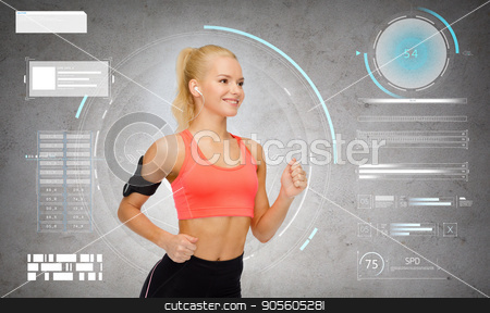 To use this stock image in your creative project, please select the size you need over to the right and click the "Add to Cart" button.
Your downloaded image will come with the Cutcaster watermark removed so don’t worry about the watermark you see on this page. sporty woman running with smartphone and earphones stock photo, sport, exercise, technology, internet and healthcare - smiling sporty woman running and listening to music from smartphone in armband over gray concrete background by Syda Productions