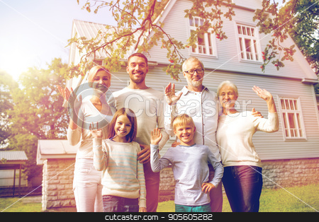 To use this stock image in your creative project, please select the size you need over to the right and click the "Add to Cart" button.
Your downloaded image will come with the Cutcaster watermark removed so don’t worry about the watermark you see on this page. happy family in front of house outdoors stock photo, family, generation, gesture, home and people concept - happy family standing in front of house waving hands outdoors by Syda Productions