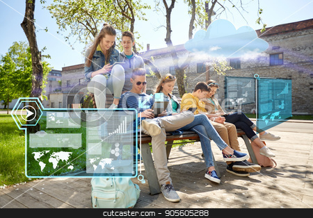To use this stock image in your creative project, please select the size you need over to the right and click the "Add to Cart" button.
Your downloaded image will come with the Cutcaster watermark removed so don’t worry about the watermark you see on this page. group of students with tablet pc at school yard stock photo, cloud computing, technology and people concept - group of happy teenage students with tablet pc computers at school yard by Syda Productions