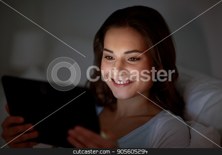 To use this stock image in your creative project, please select the size you need over to the right and click the "Add to Cart" button.
Your downloaded image will come with the Cutcaster watermark removed so don’t worry about the watermark you see on this page. young woman with tablet pc in bed at home bedroom stock photo, technology, internet, communication and people concept - happy smiling young woman with tablet pc computer in bed at home bedroom at night by Syda Productions