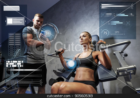 To use this stock image in your creative project, please select the size you need over to the right and click the "Add to Cart" button.
Your downloaded image will come with the Cutcaster watermark removed so don’t worry about the watermark you see on this page. man and woman flexing muscles on gym machine stock photo, sport, fitness, bodybuilding, exercising and people concept - young woman and personal trainer with smartphone flexing muscles on gym machine over virtual charts by Syda Productions