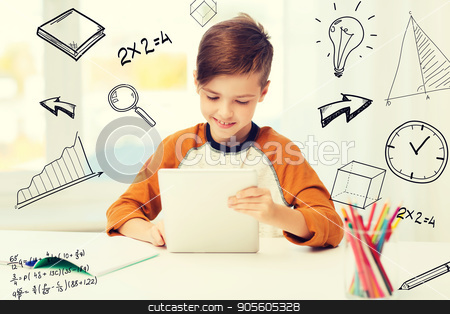 To use this stock image in your creative project, please select the size you need over to the right and click the "Add to Cart" button.
Your downloaded image will come with the Cutcaster watermark removed so don’t worry about the watermark you see on this page. smiling boy with tablet pc and notebook at home stock photo, leisure, children, education, technology and people concept - smiling boy with tablet pc computer and notebook at home over mathematical doodles by Syda Productions