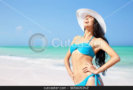 To use this stock image in your creative project, please select the size you need over to the right and click the "Add to Cart" button.
Your downloaded image will come with the Cutcaster watermark removed so don’t worry about the watermark you see on this page. smiling young woman in sun hat on summer beach stock photo, summer holidays, vacation, travel and people concept - smiling young woman in bikini swimsuit and sun hat on beach over sea and blue sky background by Syda Productions