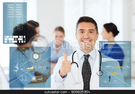 To use this stock image in your creative project, please select the size you need over to the right and click the "Add to Cart" button.
Your downloaded image will come with the Cutcaster watermark removed so don’t worry about the watermark you see on this page. happy doctor showing thumbs up at hospital stock photo, medicine, healthcare, technology and people concept - happy male doctor over group of medics meeting at hospital showing thumbs up gesture by Syda Productions