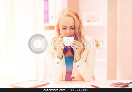 To use this stock image in your creative project, please select the size you need over to the right and click the "Add to Cart" button.
Your downloaded image will come with the Cutcaster watermark removed so don’t worry about the watermark you see on this page. happy businesswoman drinking coffee at office stock photo, business, education and people concept - happy young businesswoman or student girl drinking coffee at office by Syda Productions
