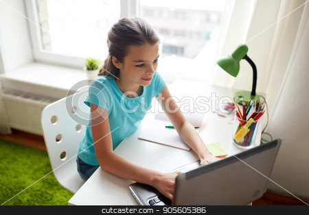 To use this stock image in your creative project, please select the size you need over to the right and click the "Add to Cart" button.
Your downloaded image will come with the Cutcaster watermark removed so don’t worry about the watermark you see on this page. happy girl typing on laptop at home stock photo, people, children, education and learning concept - happy girl typing on laptop and doing homework at home by Syda Productions