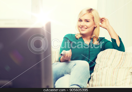 To use this stock image in your creative project, please select the size you need over to the right and click the "Add to Cart" button.
Your downloaded image will come with the Cutcaster watermark removed so don’t worry about the watermark you see on this page. smiling woman with remote watching tv at home stock photo, television, leisure and people concept - smiling woman sitting on couch with remote control and watching tv at home by Syda Productions
