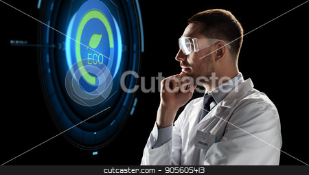 To use this stock image in your creative project, please select the size you need over to the right and click the "Add to Cart" button.
Your downloaded image will come with the Cutcaster watermark removed so don’t worry about the watermark you see on this page. scientist in goggles looking at virtual projection stock photo, ecology, science, and people concept - male doctor or scientist in white coat and safety glasses looking at virtual projection with eco icon over black background by Syda Productions