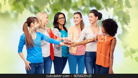 To use this stock image in your creative project, please select the size you need over to the right and click the "Add to Cart" button.
Your downloaded image will come with the Cutcaster watermark removed so don’t worry about the watermark you see on this page. international group of women with hands together stock photo, diversity, race, ethnicity and people concept - international group of happy smiling different women holding hands together over green natural background by Syda Productions
