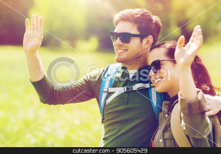 To use this stock image in your creative project, please select the size you need over to the right and click the "Add to Cart" button.
Your downloaded image will come with the Cutcaster watermark removed so don’t worry about the watermark you see on this page. happy couple with backpacks hiking outdoors stock photo, travel, hiking, backpacking, tourism and people concept - happy couple with backpacks waving hands outdoors by Syda Productions