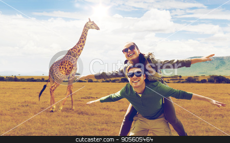 To use this stock image in your creative project, please select the size you need over to the right and click the "Add to Cart" button.
Your downloaded image will come with the Cutcaster watermark removed so don’t worry about the watermark you see on this page. happy couple with backpacks having fun in africa stock photo, travel, tourism and people concept - happy couple with backpacks having fun over giraffe in african savannah background by Syda Productions