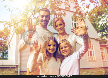 To use this stock image in your creative project, please select the size you need over to the right and click the "Add to Cart" button.
Your downloaded image will come with the Cutcaster watermark removed so don’t worry about the watermark you see on this page. happy family in front of house outdoors stock photo, family, generation, home, gesture and people concept - happy family standing in front of house waving hands outdoors by Syda Productions
