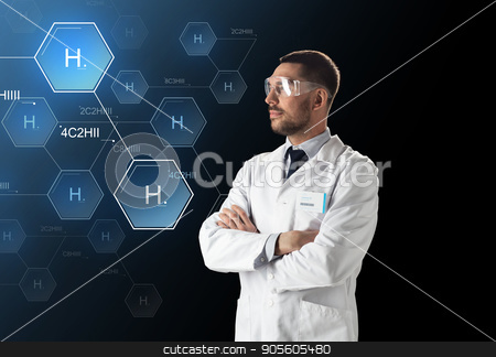 To use this stock image in your creative project, please select the size you need over to the right and click the "Add to Cart" button.
Your downloaded image will come with the Cutcaster watermark removed so don’t worry about the watermark you see on this page. scientist in lab goggles chemical formula stock photo, science, future technology and chemistry concept - male doctor or scientist in white lab coat and safety glasses with virtual chemical formula projection over black background by Syda Productions