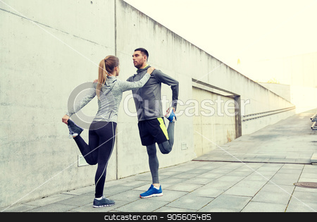 To use this stock image in your creative project, please select the size you need over to the right and click the "Add to Cart" button.
Your downloaded image will come with the Cutcaster watermark removed so don’t worry about the watermark you see on this page. couple of sportsmen stretching leg on city street stock photo, fitness, sport, training and lifestyle concept - couple of sportsmen stretching leg on city street by Syda Productions