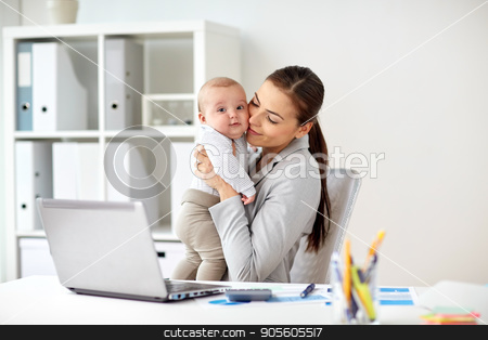 To use this stock image in your creative project, please select the size you need over to the right and click the "Add to Cart" button.
Your downloaded image will come with the Cutcaster watermark removed so don’t worry about the watermark you see on this page. happy businesswoman with baby and laptop at office stock photo, business, motherhood, multi-tasking, family and people concept - happy smiling businesswoman with baby and laptop computer working at office by Syda Productions