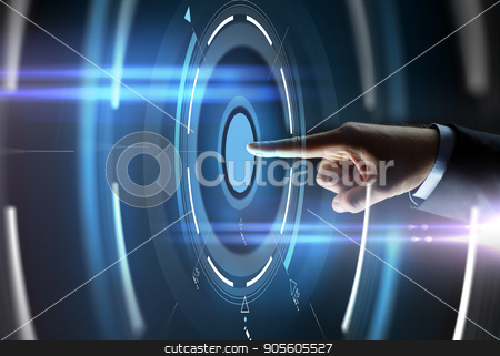 To use this stock image in your creative project, please select the size you need over to the right and click the "Add to Cart" button.
Your downloaded image will come with the Cutcaster watermark removed so don’t worry about the watermark you see on this page. male hand pointing finger to virtual projection stock photo, business, people and technology concept - close up of businessman hand pointing finger to virtual projection over black background by Syda Productions