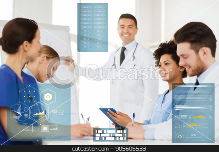 To use this stock image in your creative project, please select the size you need over to the right and click the "Add to Cart" button.
Your downloaded image will come with the Cutcaster watermark removed so don’t worry about the watermark you see on this page. group of doctors on conference at hospital stock photo, medicine, healthcare, technology and people concept - group of happy doctors at conference or presentation at hospital by Syda Productions
