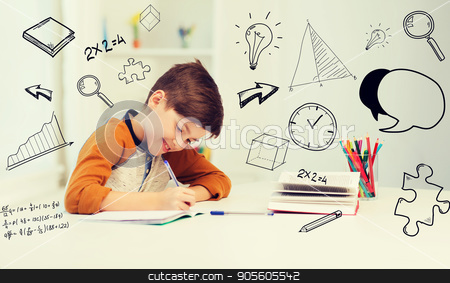 To use this stock image in your creative project, please select the size you need over to the right and click the "Add to Cart" button.
Your downloaded image will come with the Cutcaster watermark removed so don’t worry about the watermark you see on this page. smiling student boy writing to notebook at home stock photo, education, childhood, people, homework and school concept - smiling student boy with book writing to notebook at home over mathematical doodles by Syda Productions