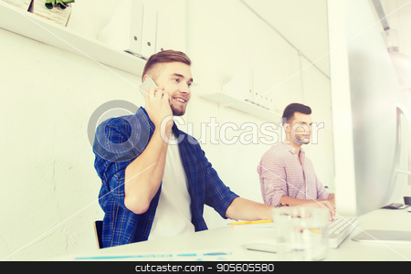To use this stock image in your creative project, please select the size you need over to the right and click the "Add to Cart" button.
Your downloaded image will come with the Cutcaster watermark removed so don’t worry about the watermark you see on this page. happy creative man calling on cellphone at office stock photo, business, technology, education and people concept - happy young creative man or student with computer at office calling on smartphone by Syda Productions