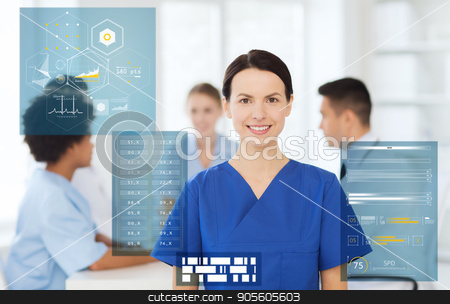 To use this stock image in your creative project, please select the size you need over to the right and click the "Add to Cart" button.
Your downloaded image will come with the Cutcaster watermark removed so don’t worry about the watermark you see on this page. happy smiling doctor or nurse at hospital stock photo, medicine, healthcare, technology and people concept - happy female doctor or nurse over group of medics meeting at hospital by Syda Productions