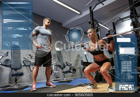 To use this stock image in your creative project, please select the size you need over to the right and click the "Add to Cart" button.
Your downloaded image will come with the Cutcaster watermark removed so don’t worry about the watermark you see on this page. man and woman with bar flexing muscles in gym stock photo, sport, fitness, bodybuilding, exercising and people concept - man and woman with bar flexing muscles in gym over virtual charts by Syda Productions