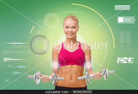 To use this stock image in your creative project, please select the size you need over to the right and click the "Add to Cart" button.
Your downloaded image will come with the Cutcaster watermark removed so don’t worry about the watermark you see on this page. happy sporty woman with dumbbells flexing biceps stock photo, sport, fitness, exercising, technology and people concept - happy young sporty woman with dumbbells flexing biceps over green background by Syda Productions