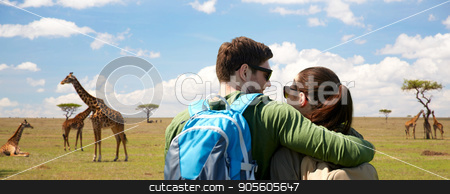 To use this stock image in your creative project, please select the size you need over to the right and click the "Add to Cart" button.
Your downloaded image will come with the Cutcaster watermark removed so don’t worry about the watermark you see on this page. happy couple with backpacks traveling stock photo, travel, tourism and people concept - happy couple with backpacks hugging over african savannah and giraffes background by Syda Productions