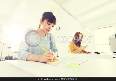 To use this stock image in your creative project, please select the size you need over to the right and click the "Add to Cart" button.
Your downloaded image will come with the Cutcaster watermark removed so don’t worry about the watermark you see on this page. architect woman with blueprint writing at office stock photo, business, startup and people concept - creative or architect woman with blueprint writing on sticker at office by Syda Productions