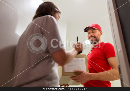 To use this stock image in your creative project, please select the size you need over to the right and click the "Add to Cart" button.
Your downloaded image will come with the Cutcaster watermark removed so don’t worry about the watermark you see on this page. deliveryman and customer with parcel boxes at home stock photo, delivery, mail, people and shipping concept - happy man with clipboard delivering parcel boxes to customer signing form at home by Syda Productions