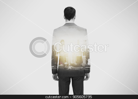 To use this stock image in your creative project, please select the size you need over to the right and click the "Add to Cart" button.
Your downloaded image will come with the Cutcaster watermark removed so don’t worry about the watermark you see on this page. close up of businessman in suit from back stock photo, business and people concept - close up of businessman in suit from back over city buildings and double exposure effect by Syda Productions