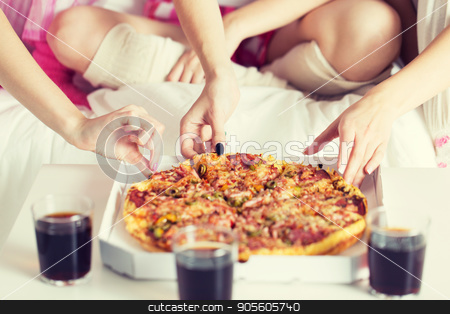 To use this stock image in your creative project, please select the size you need over to the right and click the "Add to Cart" button.
Your downloaded image will come with the Cutcaster watermark removed so don’t worry about the watermark you see on this page. friends or teen girls eating pizza at home stock photo, friendship, people, pajama party and junk food concept - close up of friends or teenage girls eating pizza at home by Syda Productions