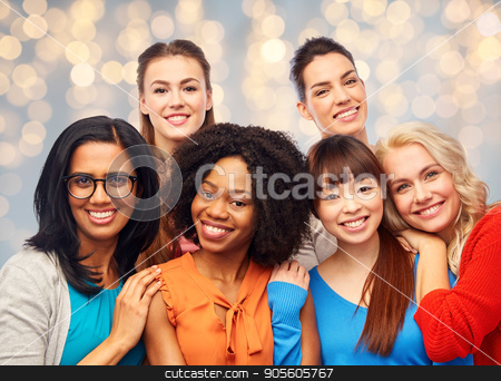 To use this stock image in your creative project, please select the size you need over to the right and click the "Add to Cart" button.
Your downloaded image will come with the Cutcaster watermark removed so don’t worry about the watermark you see on this page. international group of happy women hugging stock photo, diversity, ethnicity and people concept - international group of happy smiling different women hugging over holidays lights background by Syda Productions