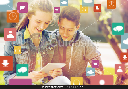 To use this stock image in your creative project, please select the size you need over to the right and click the "Add to Cart" button.
Your downloaded image will come with the Cutcaster watermark removed so don’t worry about the watermark you see on this page. happy friends with tablet pc outdoors stock photo, technology and people concept - happy teenage friends or students with tablet pc computer and menu icons outdoors by Syda Productions