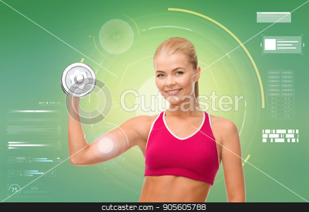 To use this stock image in your creative project, please select the size you need over to the right and click the "Add to Cart" button.
Your downloaded image will come with the Cutcaster watermark removed so don’t worry about the watermark you see on this page. happy sporty woman with dumbbell flexing biceps stock photo, sport, fitness, exercising, technology and people concept - happy young sporty woman with dumbbell flexing biceps over green background by Syda Productions