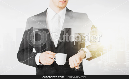 To use this stock image in your creative project, please select the size you need over to the right and click the "Add to Cart" button.
Your downloaded image will come with the Cutcaster watermark removed so don’t worry about the watermark you see on this page. close up of businessman with wristwatch and coffee stock photo, people, business and time concept - close up of businessman with wristwatch and coffee over city with double exposure by Syda Productions