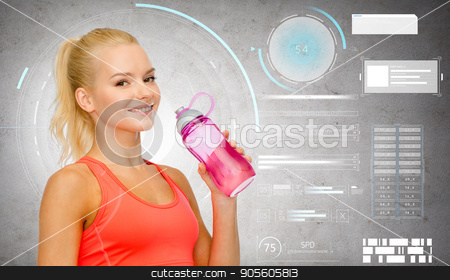 To use this stock image in your creative project, please select the size you need over to the right and click the "Add to Cart" button.
Your downloaded image will come with the Cutcaster watermark removed so don’t worry about the watermark you see on this page. smiling sporty woman with water bottle stock photo, sport, fitness and people - happy sporty woman drinking water from bottle over gray concrete background by Syda Productions