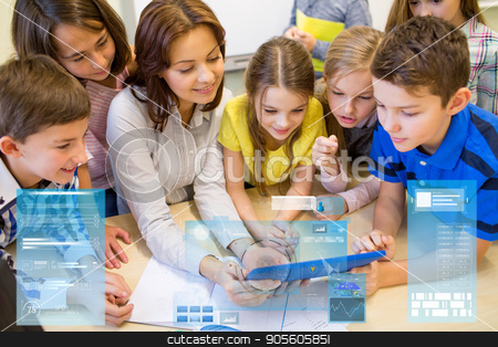 To use this stock image in your creative project, please select the size you need over to the right and click the "Add to Cart" button.
Your downloaded image will come with the Cutcaster watermark removed so don’t worry about the watermark you see on this page. group of kids with teacher and tablet pc at school stock photo, education, elementary school, learning, technology and people concept - group of kids with teacher looking to tablet pc computer in classroom over virtual screens projections by Syda Productions