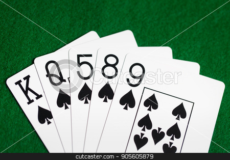 To use this stock image in your creative project, please select the size you need over to the right and click the "Add to Cart" button.
Your downloaded image will come with the Cutcaster watermark removed so don’t worry about the watermark you see on this page. poker hand of playing cards on green casino cloth stock photo, casino, gambling, games of chance, hazard and entertainment concept - poker hand of playing cards on green cloth by Syda Productions