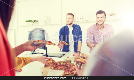 To use this stock image in your creative project, please select the size you need over to the right and click the "Add to Cart" button.
Your downloaded image will come with the Cutcaster watermark removed so don’t worry about the watermark you see on this page. happy business team eating pizza in office stock photo, business, food, lunch and people concept - happy international business team eating pizza in office by Syda Productions