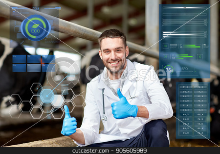 To use this stock image in your creative project, please select the size you need over to the right and click the "Add to Cart" button.
Your downloaded image will come with the Cutcaster watermark removed so don’t worry about the watermark you see on this page. veterinarian and cows in cowshed on dairy farm stock photo, agriculture industry, people and animal husbandry concept - veterinarian or doctor and cows in cowshed on dairy farm showing thumbs up hand sign by Syda Productions