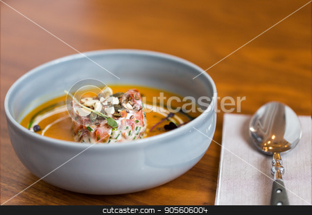 To use this stock image in your creative project, please select the size you need over to the right and click the "Add to Cart" button.
Your downloaded image will come with the Cutcaster watermark removed so don’t worry about the watermark you see on this page. vegetable pumpkin-ginger soup in bowl stock photo, food, new nordic cuisine, culinary and cooking concept - vegetable pumpkin-ginger soup with goat cheese and tomato salad with yogurt in bowl by Syda Productions